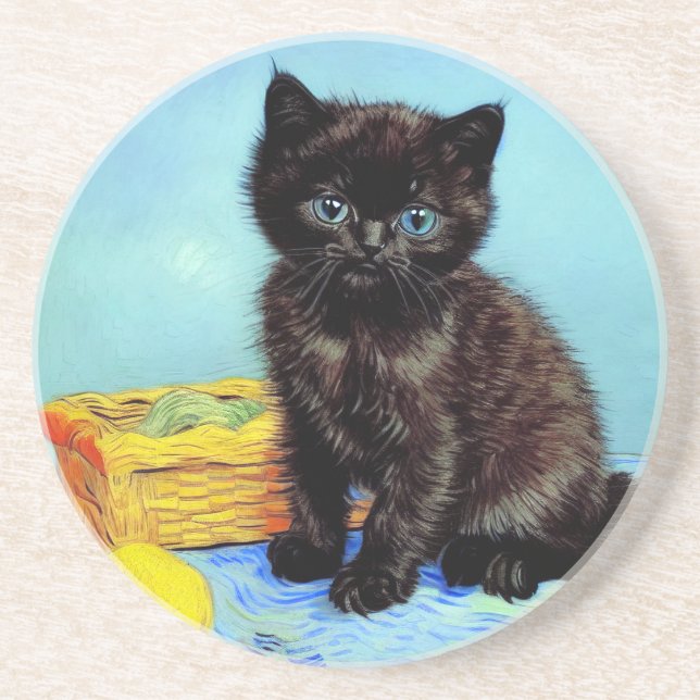 Van Gogh Black Kitten with Yarn Coaster (Front)