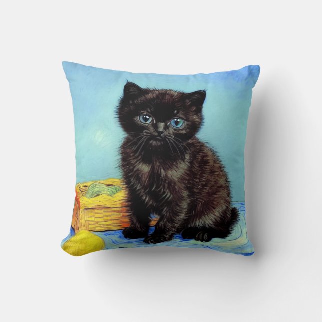 Van Gogh Black Kitten with Yarn Cushion (Front)