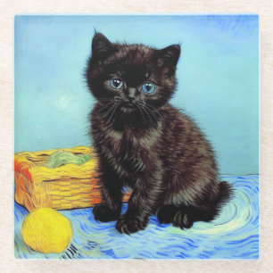 Van Gogh Black Kitten with Yarn Glass Coaster