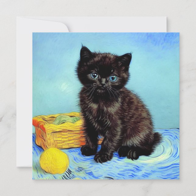 Van Gogh Black Kitten with Yarn Invitation (Front)