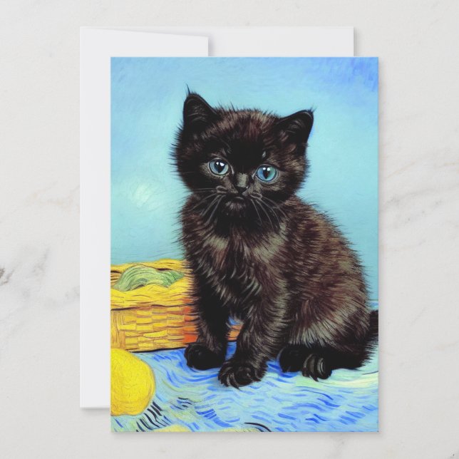 Van Gogh Black Kitten with Yarn Invitation (Front)