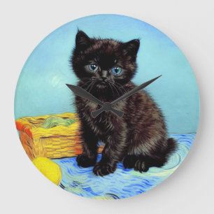 Van Gogh Black Kitten with Yarn Large Clock