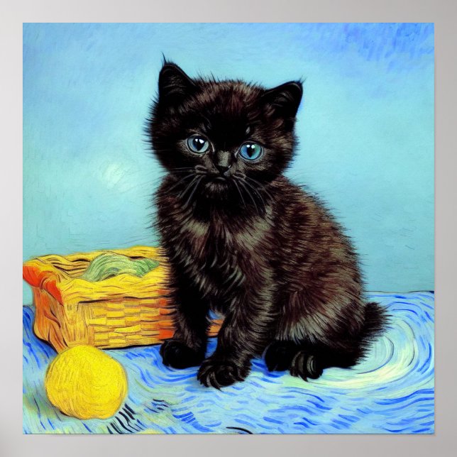 Van Gogh Black Kitten with Yarn Poster (Front)