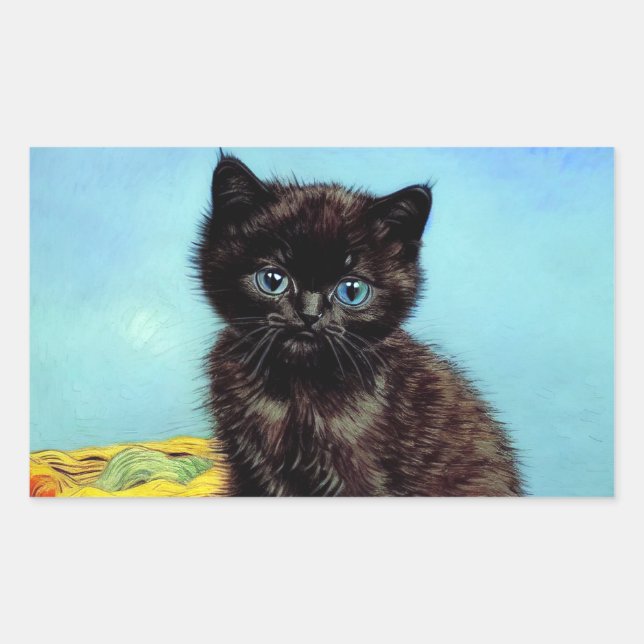 Van Gogh Black Kitten with Yarn Rectangular Sticker (Front)