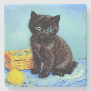 Van Gogh Black Kitten with Yarn Stone Coaster