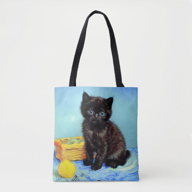 Van Gogh Black Kitten with Yarn Tote Bag (Front)
