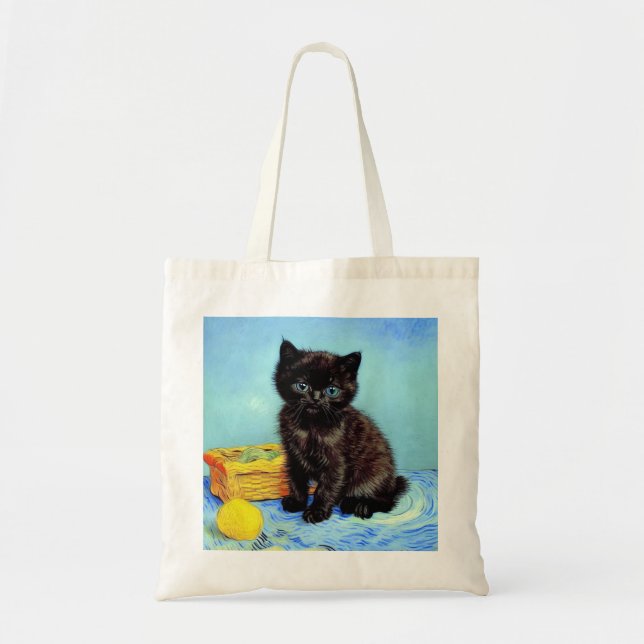 Van Gogh Black Kitten with Yarn Tote Bag (Front)