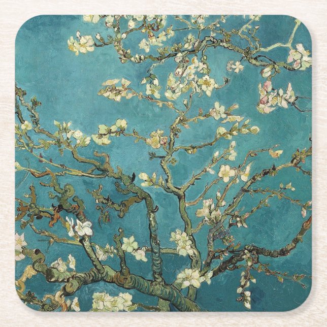 Van Gogh - Blossoming Almond Tree Square Paper Coaster (Front)