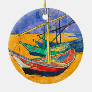 Van Gogh Boats Impressionism Beach Ceramic Ornament