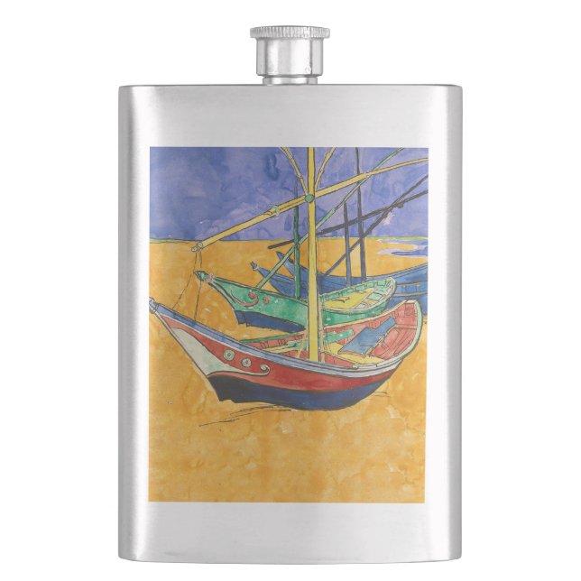 Van Gogh Boats Impressionism Beach Hip Flask (Front)