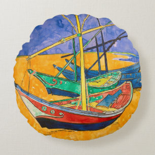 Van Gogh Boats Impressionism Beach Round Cushion