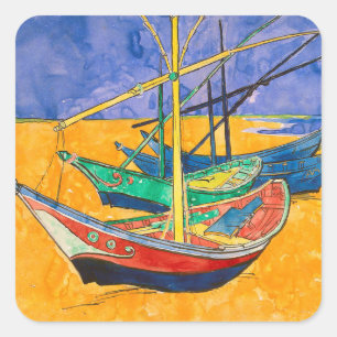 Van Gogh Boats Impressionism Beach Square Sticker
