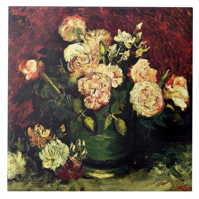 Van Gogh - Bowl with Peonies and Roses Ceramic Tile (Front)