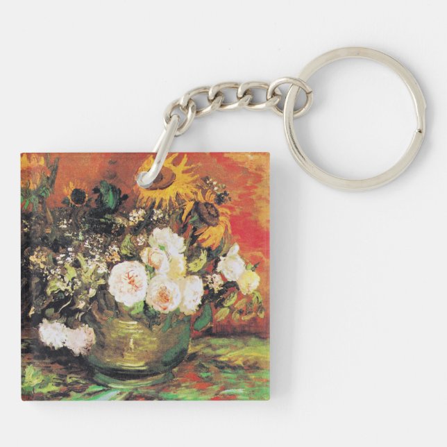 Van Gogh - Bowl with Sunflowers, Roses, and Others Key Ring (Back)
