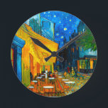 Van Gogh Café Terrace at Night Round Clock<br><div class="desc">Clock featuring Vincent van Gogh’s oil painting Café Terrace at Night (1888). Yellow stars paint the blue night sky above an outdoor café in France. A marvellous gift for fans of Post-Impressionism and Dutch art.</div>