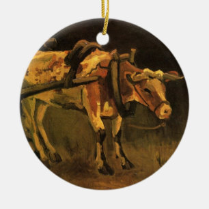 Van Gogh Cart with Red White Ox, Vintage Fine Art Ceramic Ornament