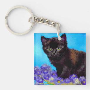Van Gogh Cat and Flowers Key Ring