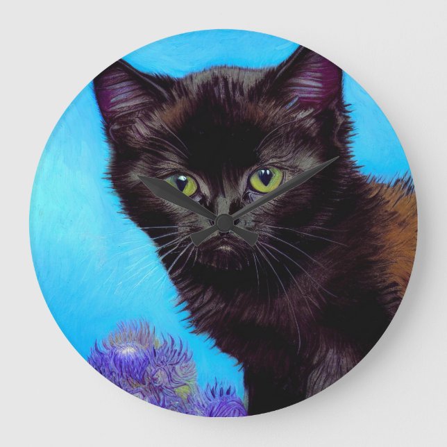 Van Gogh Cat and Flowers Large Clock (Front)