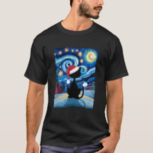 Van Gogh Christmas Cat Starry Night Black Cat Sant T-Shirt