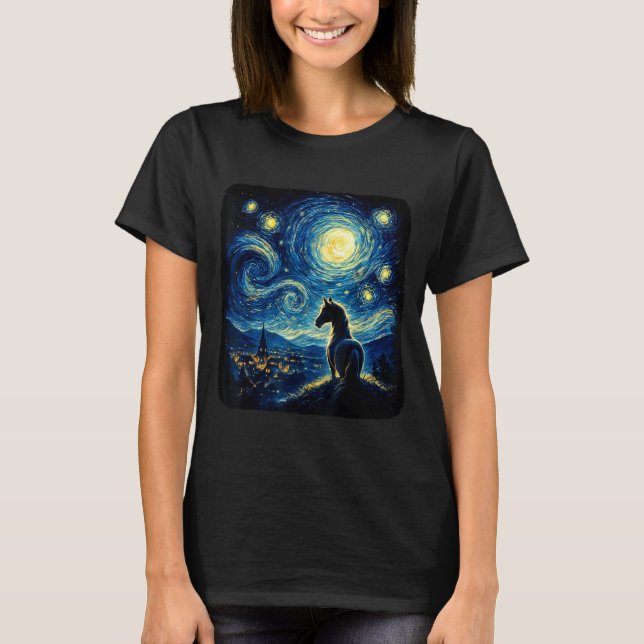 Van Gogh Cowgirl Horse Starry Funny Night Horses L T-Shirt (Front)