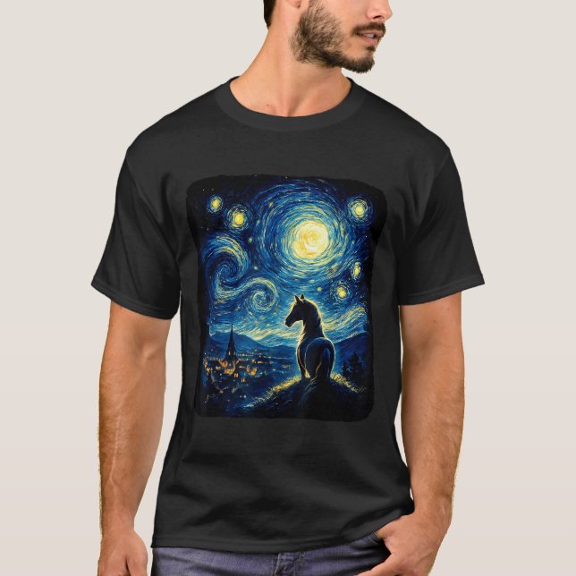 Van Gogh Cowgirl Horse Starry Funny Night Horses L T-Shirt (Front)