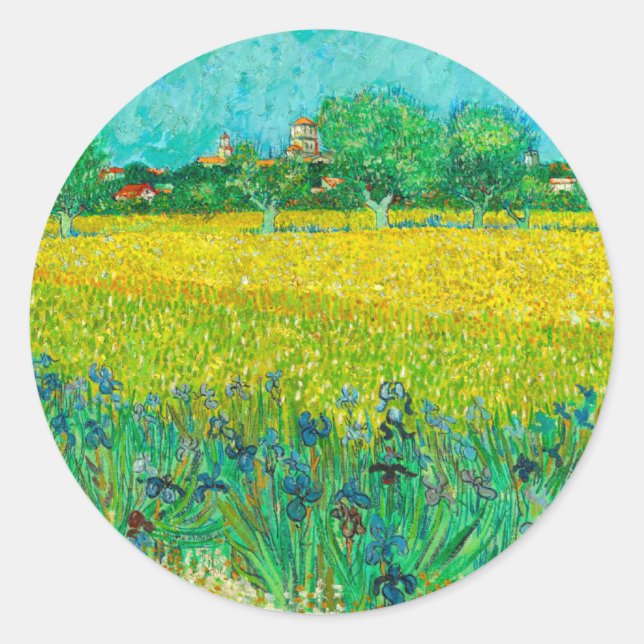 Van Gogh Field with Irises Near Arles Classic Round Sticker (Front)