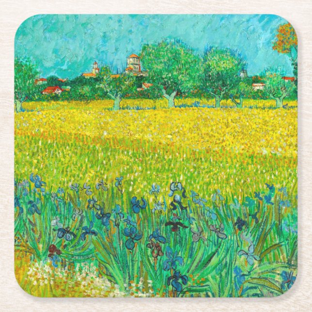 Van Gogh Field with Irises Near Arles Square Paper Coaster (Front)