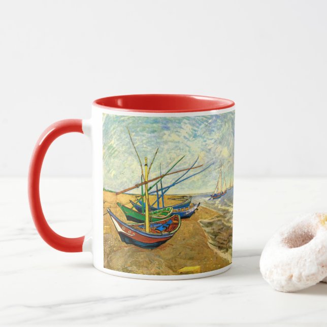Van Gogh Fishing Boats on Beach at Saintes Maries Mug (With Donut)