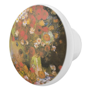 Van Gogh Floral Still Life Red Poppies & Roses Ceramic Knob