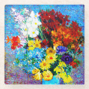 Van Gogh Flowers in a Blue Vase Glass Coaster