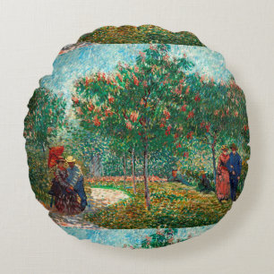 Van Gogh Garden in Montmartre with lovers Round Cushion