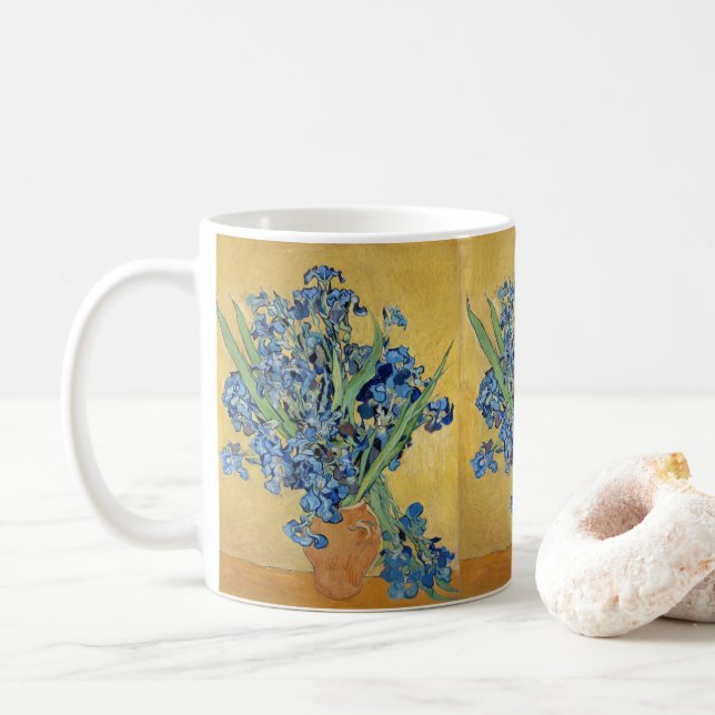 Van Gogh Irises Vase Blue Flowers Bouquet Fine Art Coffee Mug (With Donut)