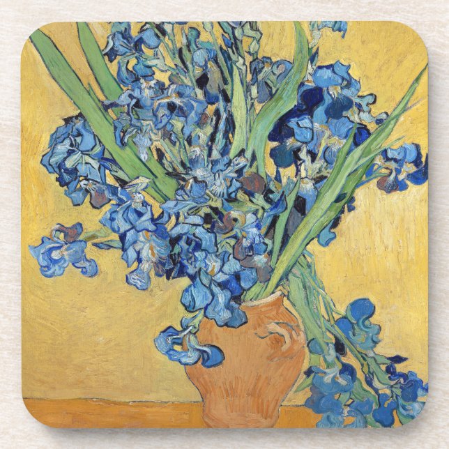 Van Gogh Irises Vase Blue Flowers Bouquet Painting Coaster (Front)