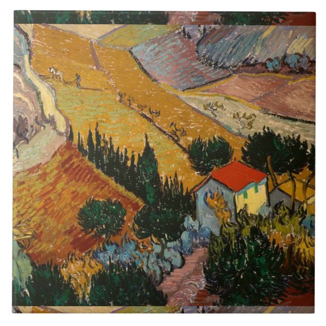 Van Gogh Landscape with House and Ploughman Ceramic Tile (Front)