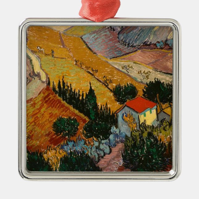 Van Gogh Landscape with House and Ploughman Metal Ornament (Front)