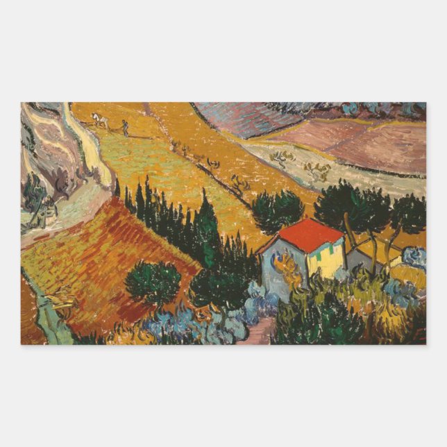 Van Gogh Landscape with House and Ploughman Rectangular Sticker (Front)