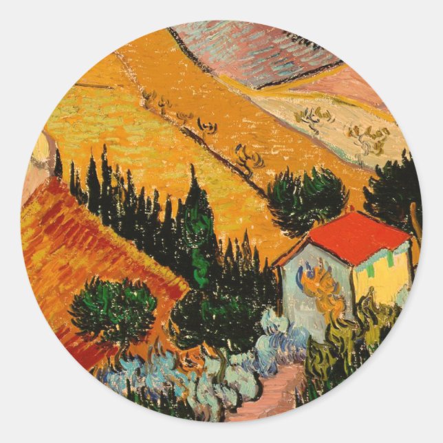 Van Gogh - Landscape with Houses and Ploughman Classic Round Sticker (Front)