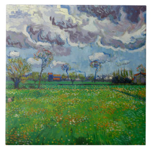 Van Gogh Meadow with Flowers Under a Stormy Sky Ceramic Tile