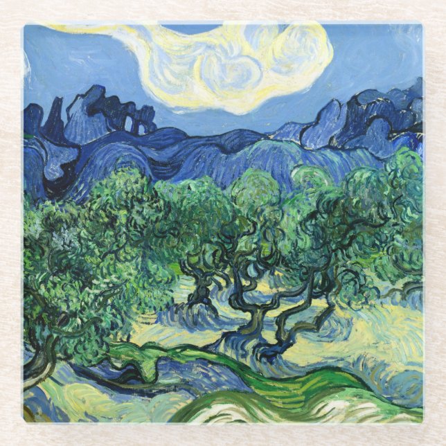 Van Gogh - Olive Trees with Alpilles in Background Glass Coaster (Front)