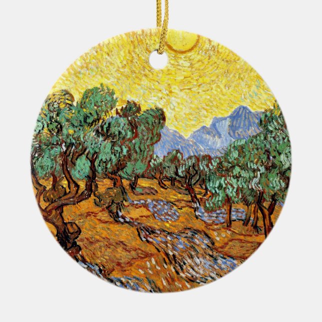 Van Gogh: Olive Trees with Yellow Sky and Sun Ceramic Ornament (Front)