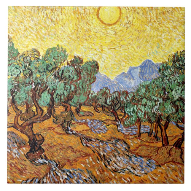 Van Gogh: Olive Trees with Yellow Sky and Sun Ceramic Tile (Front)