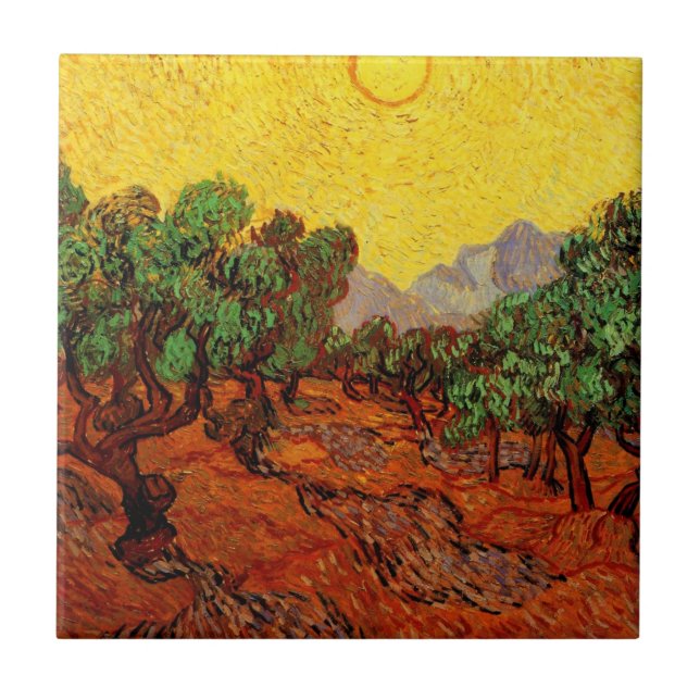 Van Gogh Olive Trees with Yellow Sky and Sun Ceramic Tile (Front)
