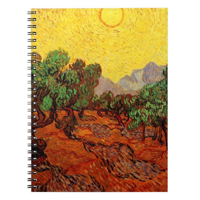 Van Gogh Olive Trees with Yellow Sky and Sun Notebook (Front)