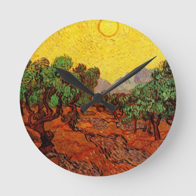 Van Gogh Olive Trees with Yellow Sky and Sun Round Clock (Front)