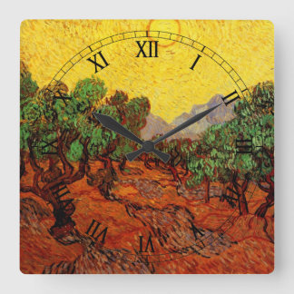 Van Gogh Olive Trees with Yellow Sky and Sun Square Wall Clock