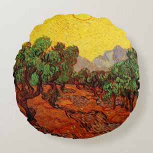 Van Gogh Olive Trees with Yellow Sky Sun, Fine Art Round Cushion