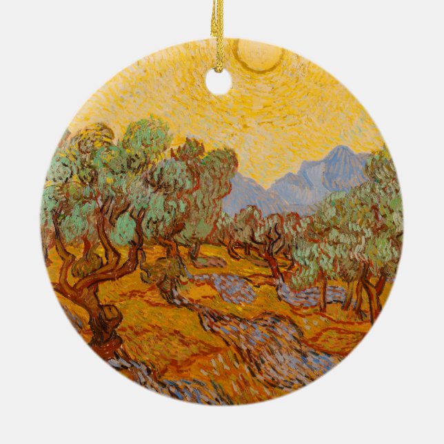 Van Gogh Olive Trees Yellow Sun Sky Ceramic Ornament (Back)