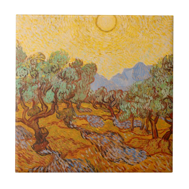 Van Gogh Olive Trees Yellow Sun Sky Ceramic Tile (Front)