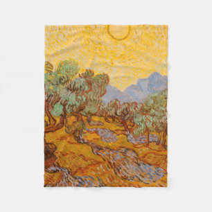 Van Gogh Olive Trees Yellow Sun Sky Fleece Blanket