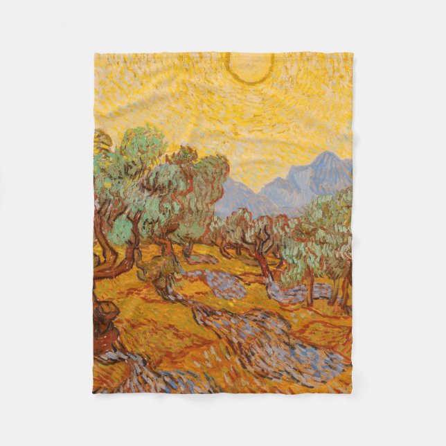 Van Gogh Olive Trees Yellow Sun Sky Fleece Blanket (Front)